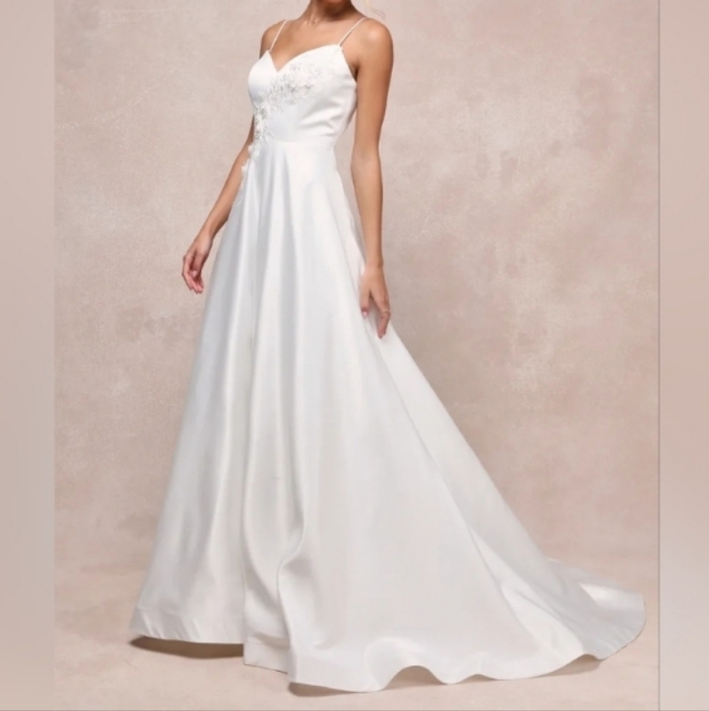 Lulu's Luxe BridalFlawless Radiance White Satin Floral Embroidered Maxi …